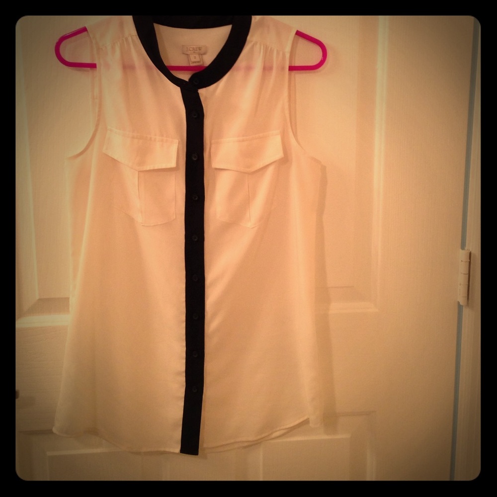 J Crew sleeveless blouse with tuxedo stripe